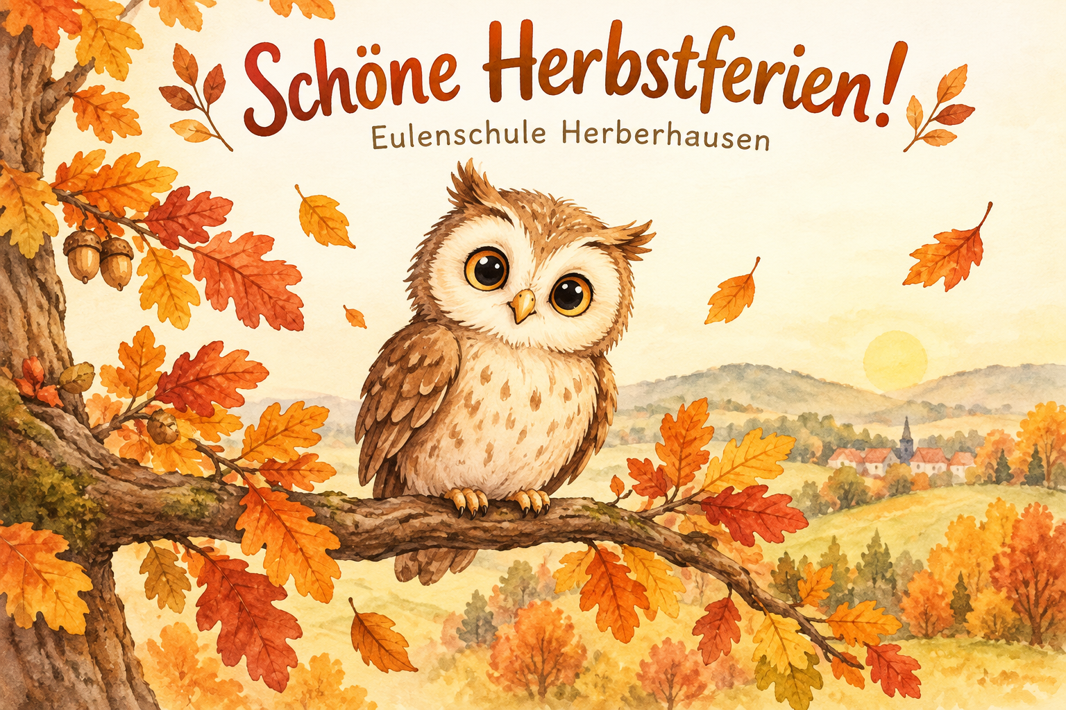 Freundliche Eule auf einem Ast zwischen bunten Herbstblättern mit dem Gruß „Schöne Herbstferien!“ der Eulenschule Herberhausen.